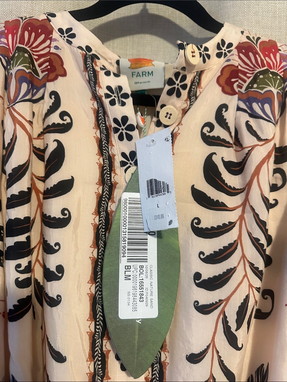 FARM Rio Classic Nature Sand Botanical Print Dress with Beaded Belt Sz L NWT - Picture 8 of 9